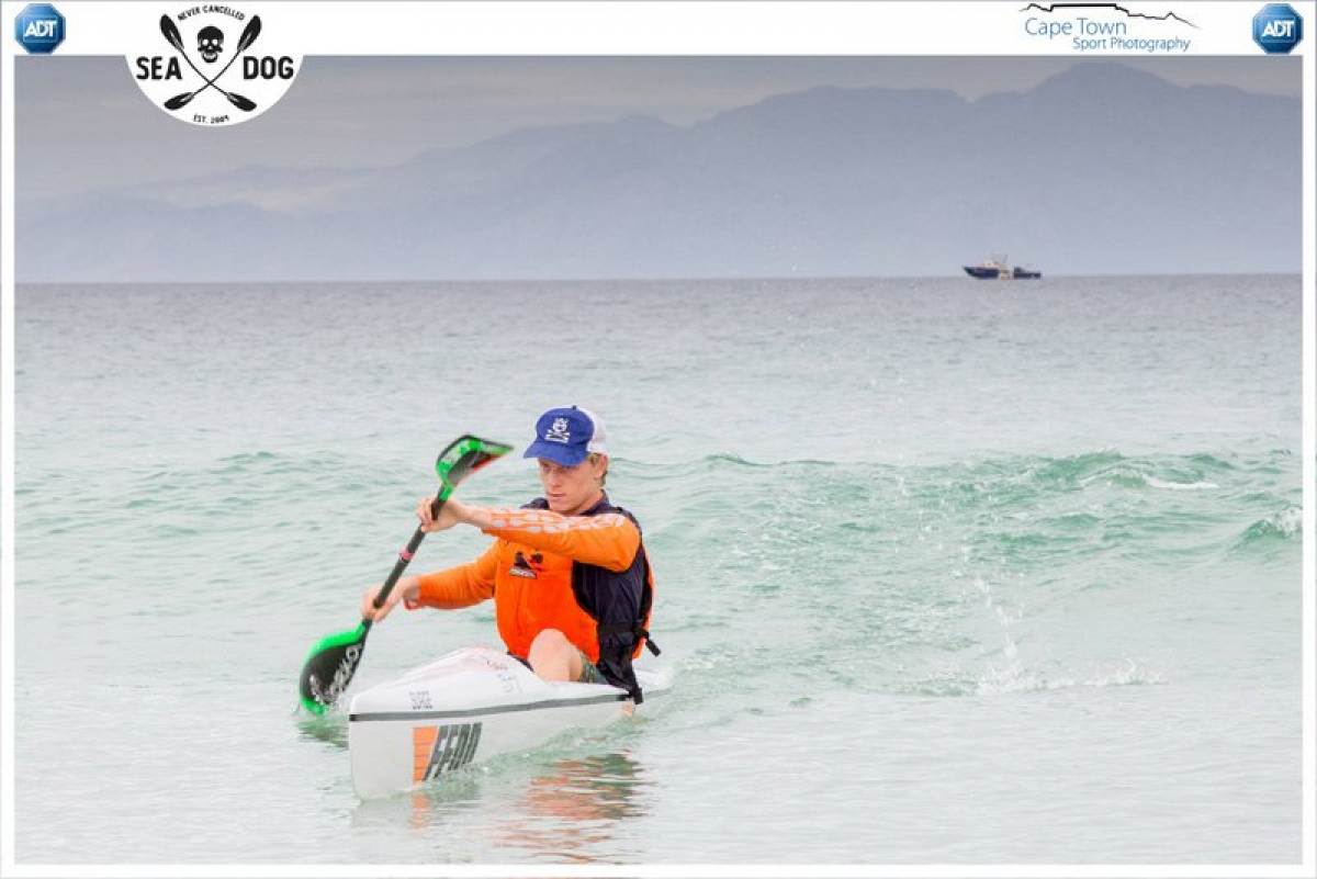 The Fenn Surge during its first race in Cape Town.  Mark Keeling paddling, leading Dawid Mocke...!