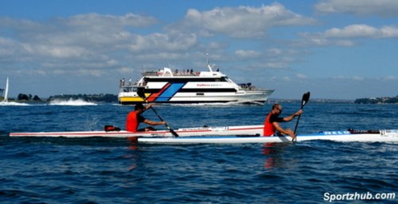 Ben Fouhey and Mike Walker smash it out to the delight of the spectators and support crew on the Fullers Ferry in the 2011 Waiheke to Auckland King Of The Harbour.