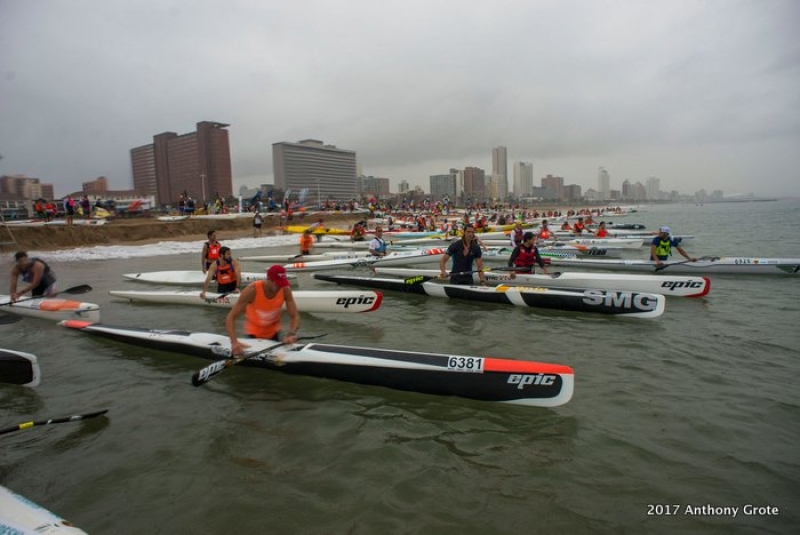 The FNB Surfski Series Race 2 starts in rainy, flat conditions in Durban, South Africa