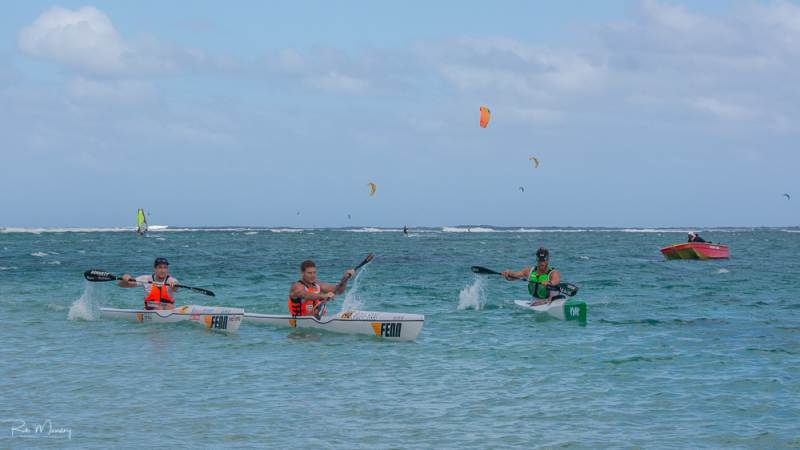 Cory Hill, Hank McGregor and Gordan Harbrecht round the point at Le Morne, on the way to the finish of the 2019 Investec Mauritius Ocean Classic